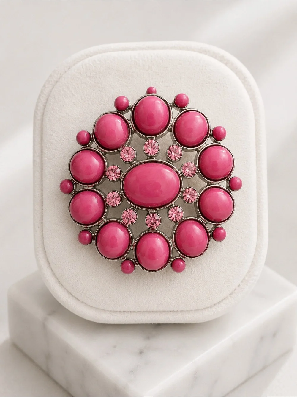 Boutique Pink Rhinestone Statement Brooch Silver Tone Vintage Floral Pin NWT